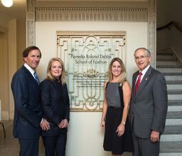 (left to right) Dan DeVos (Husband of Pamella), Pamella Roland DeVos, Lori Faulkner (KCAD Fashion Studies Chair), Dr. David Eisler (Ferris President).